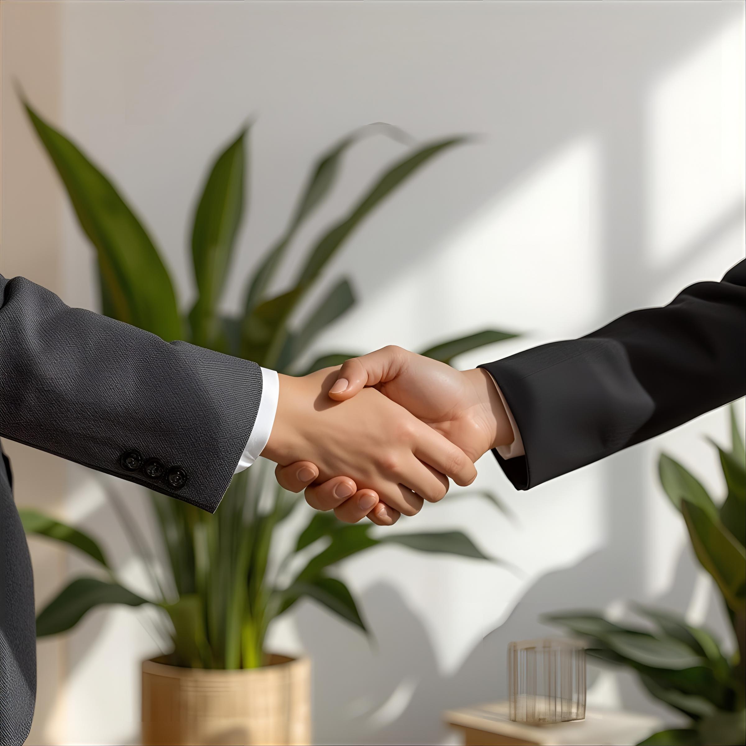 professional handshake in a bright modern office, warm neutral colors with soft green plants minimalist, aesthetic, neutral colors, sage green, gold (only hands, no people)